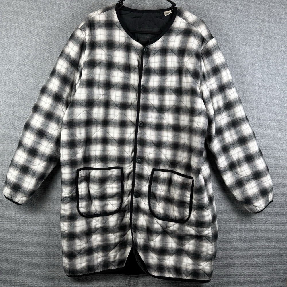 Levi's Long Puffer Jacket Size Large Quilted Plaid Thermore Black White Quilted